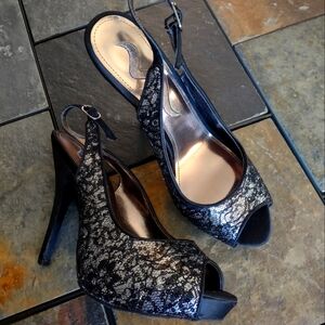 Nina Black & Silver Metallic Lace Peep Toe Slingback Platform Stiletto Heels 8.5